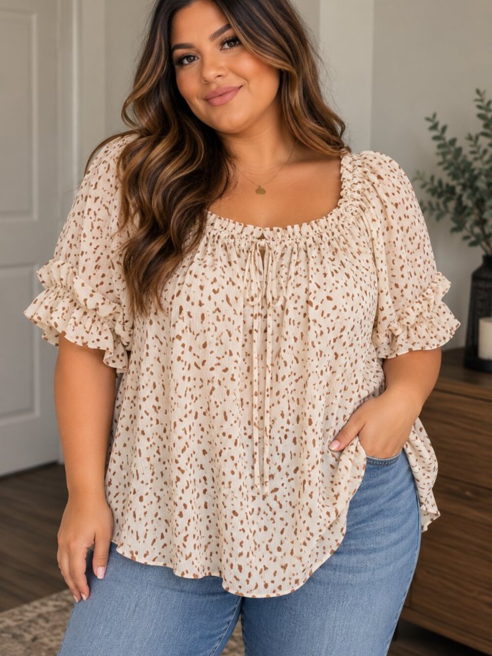 Flower & Feather 3XL Cream Brown Speckled Boho Peasant Blouse Plus Size